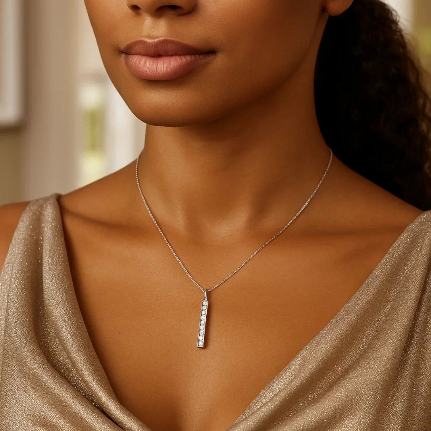 14k White Gold Bar Pendant with Diamonds - Peelerie