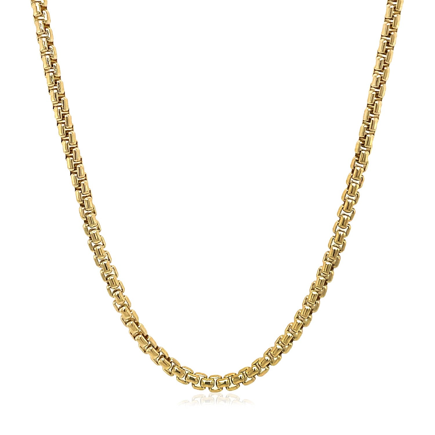 14k Yellow Gold Solid Round Box Chain (2.5 mm) in a sleek high-contrast midnight luxury editorial style