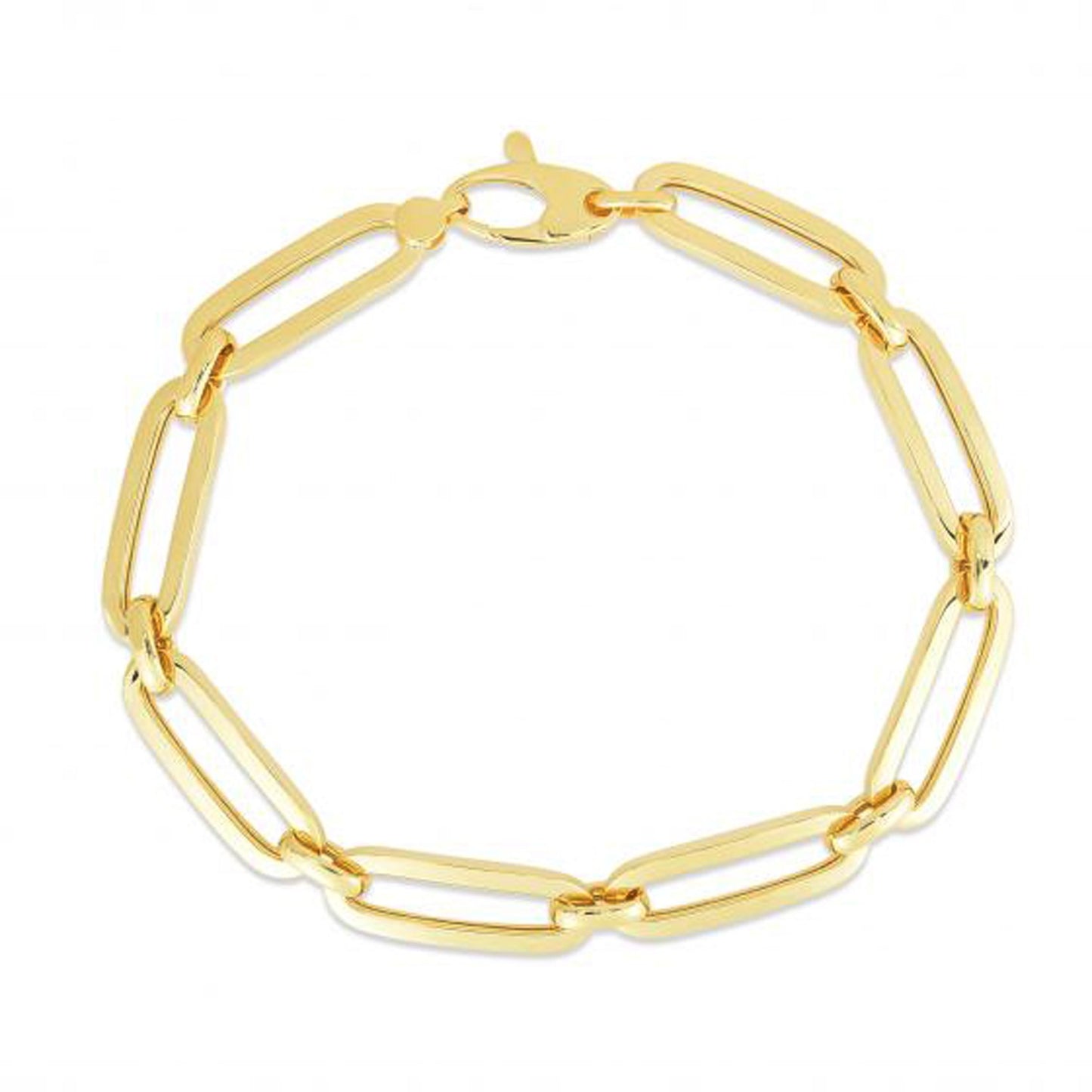 14k Yellow Gold 7 1/2 inch Bombay Paperclip Chain Bracelet (7.00 mm) in a sleek high-contrast midnight luxury editorial style