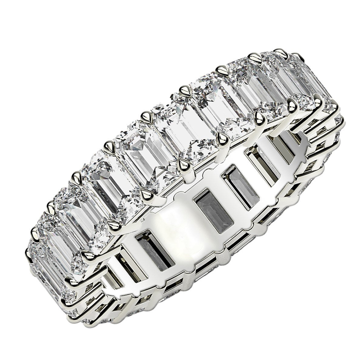 Emerald Cut Lab Grown Diamond Eternity Ring in 14k White Gold (4 cttw FG/VS2) in a sleek high-contrast midnight luxury editor