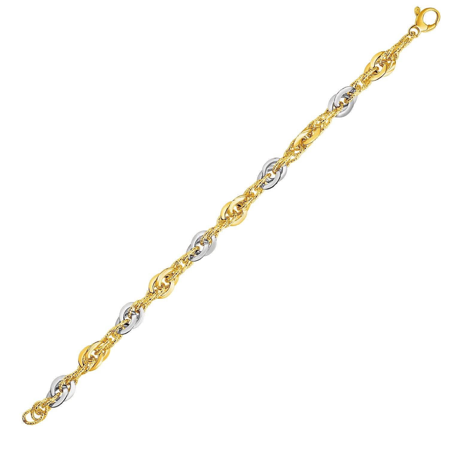 14k Two-Tone Yellow and White Gold Double Link Textured Bracelet (10.00 mm) in a sleek high-contrast midnight luxury editoria