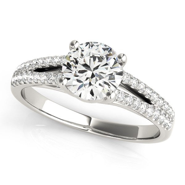 14k White Gold Split Shank Round Diamond Engagement Ring (1 1/8 cttw) in a sleek high-contrast midnight luxury editorial styl