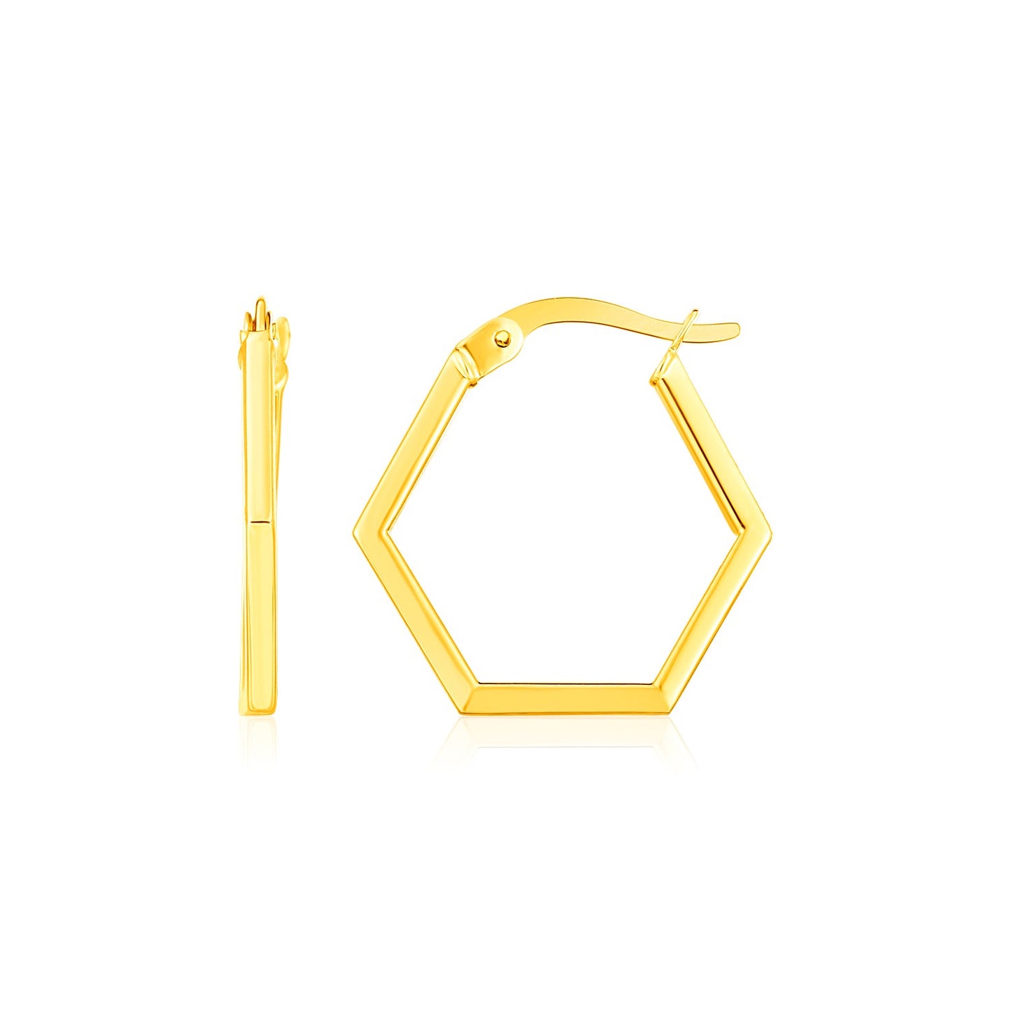 14K Yellow Gold Hexagon Shaped Hoop Earrings in a sleek high-contrast midnight luxury editorial style