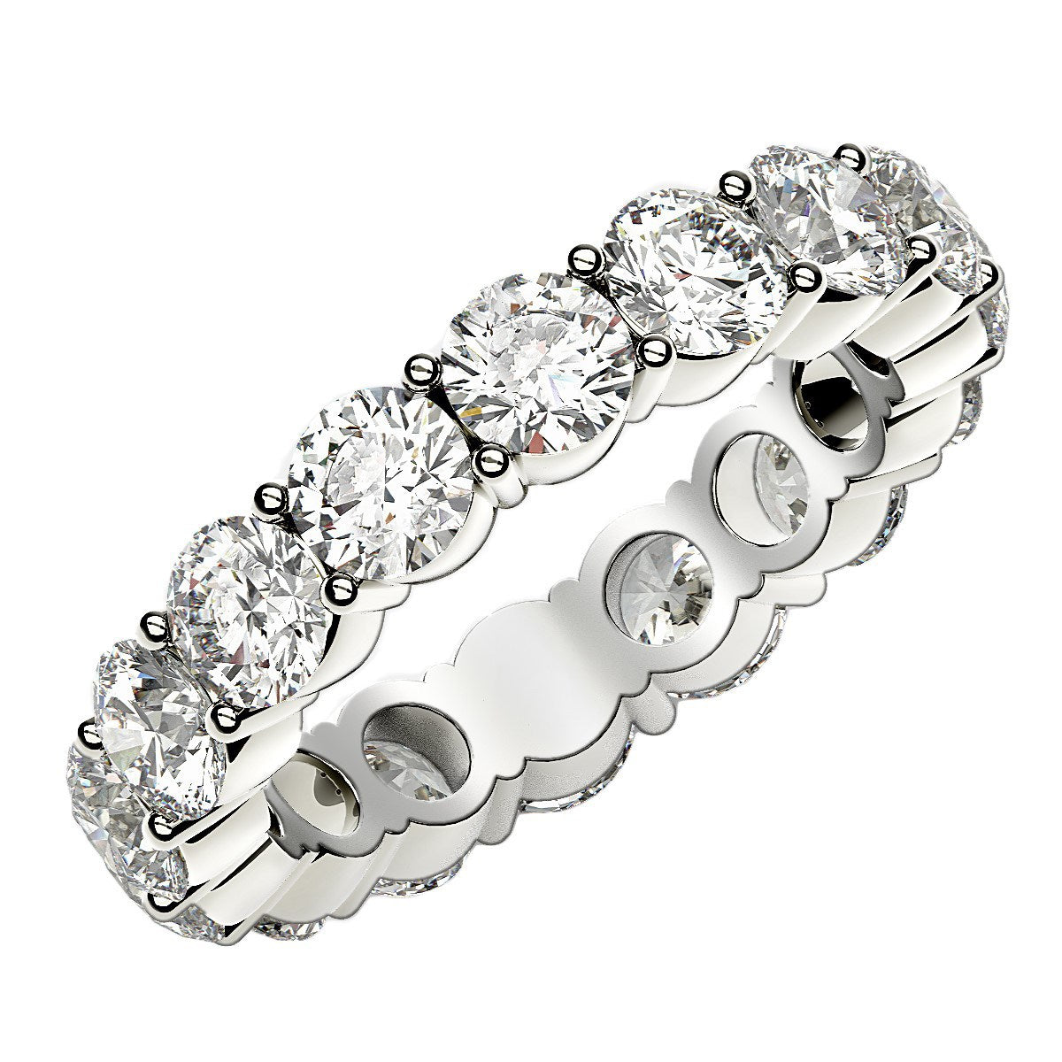 Round Cut Lab Grown Diamond Eternity Ring in 14k White Gold (4 cttw FG/VS2) in a sleek high-contrast midnight luxury editoria
