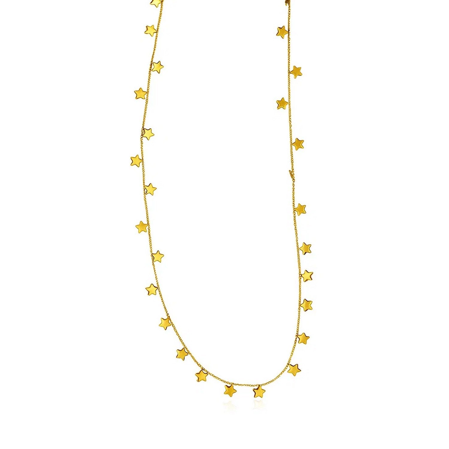 14K Yellow Gold Necklace with Dangling Stars in a sleek high-contrast midnight luxury editorial style
