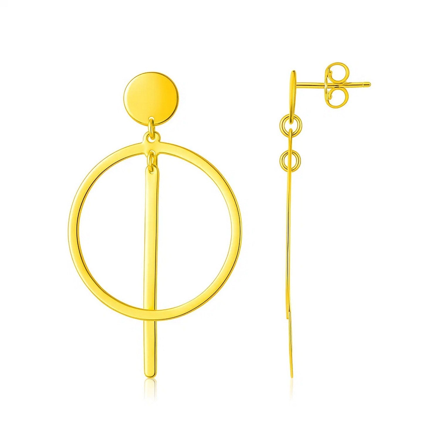 14K Yellow Gold Polished Circle and Bar Earrings in a sleek high-contrast midnight luxury editorial style