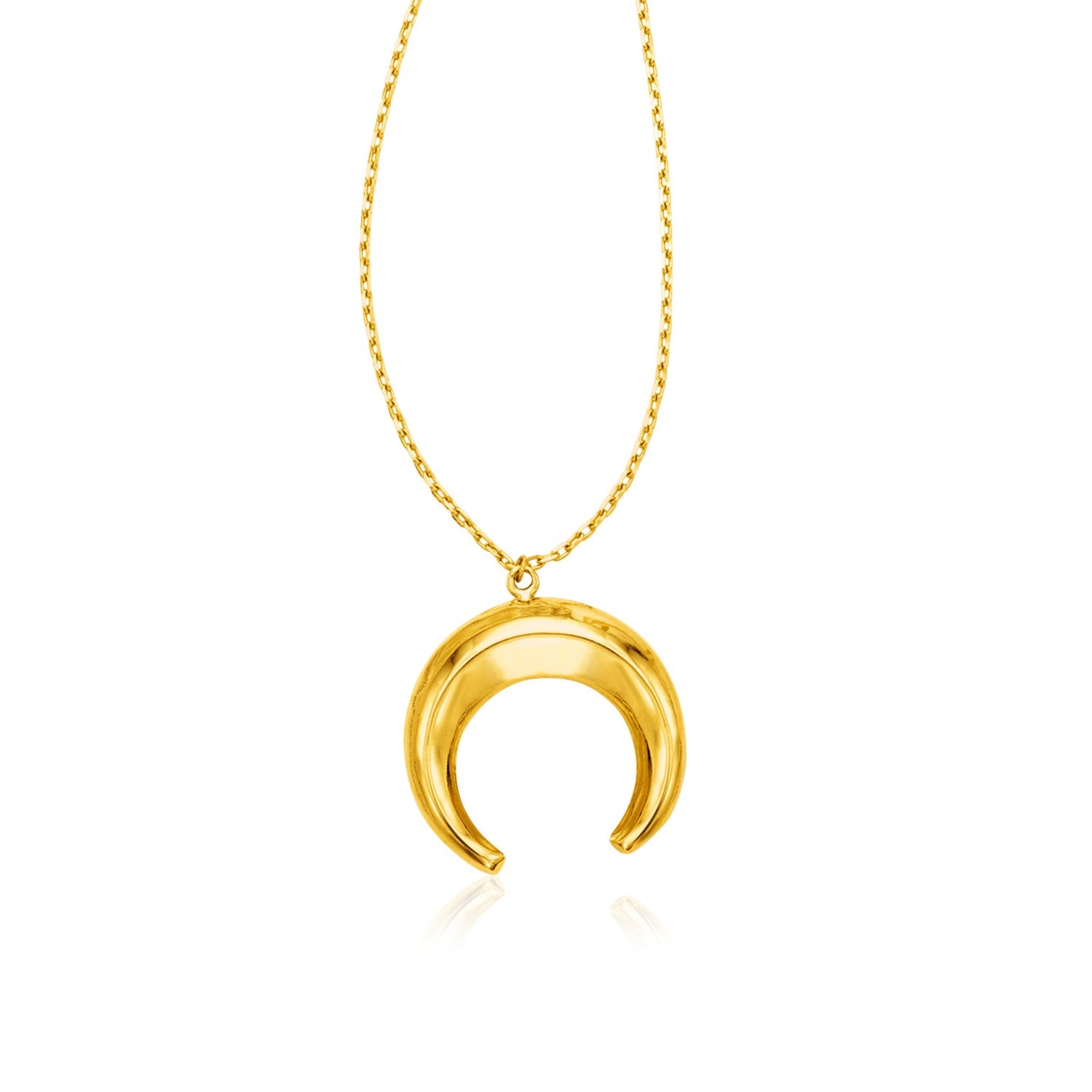 14k Yellow Gold 17 inch Necklace with Domed Moon Motif Pendant in a sleek high-contrast midnight luxury editorial style