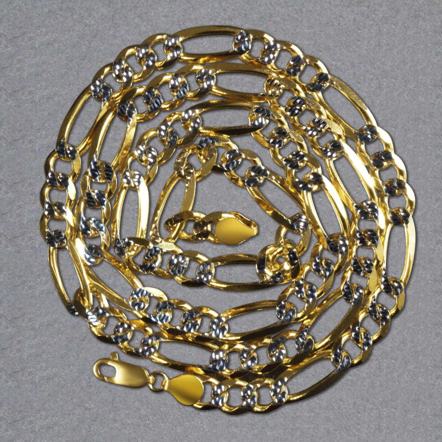 14K Two Tone Gold Solid Pave Figaro Chain (7.00 mm)