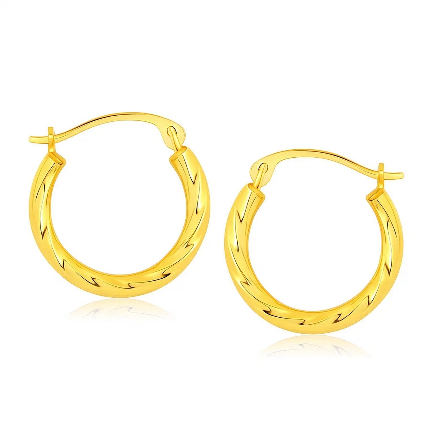 10k Yellow Gold Hoop Earrings in Textured Polished Style in a sleek high-contrast midnight luxury editorial style