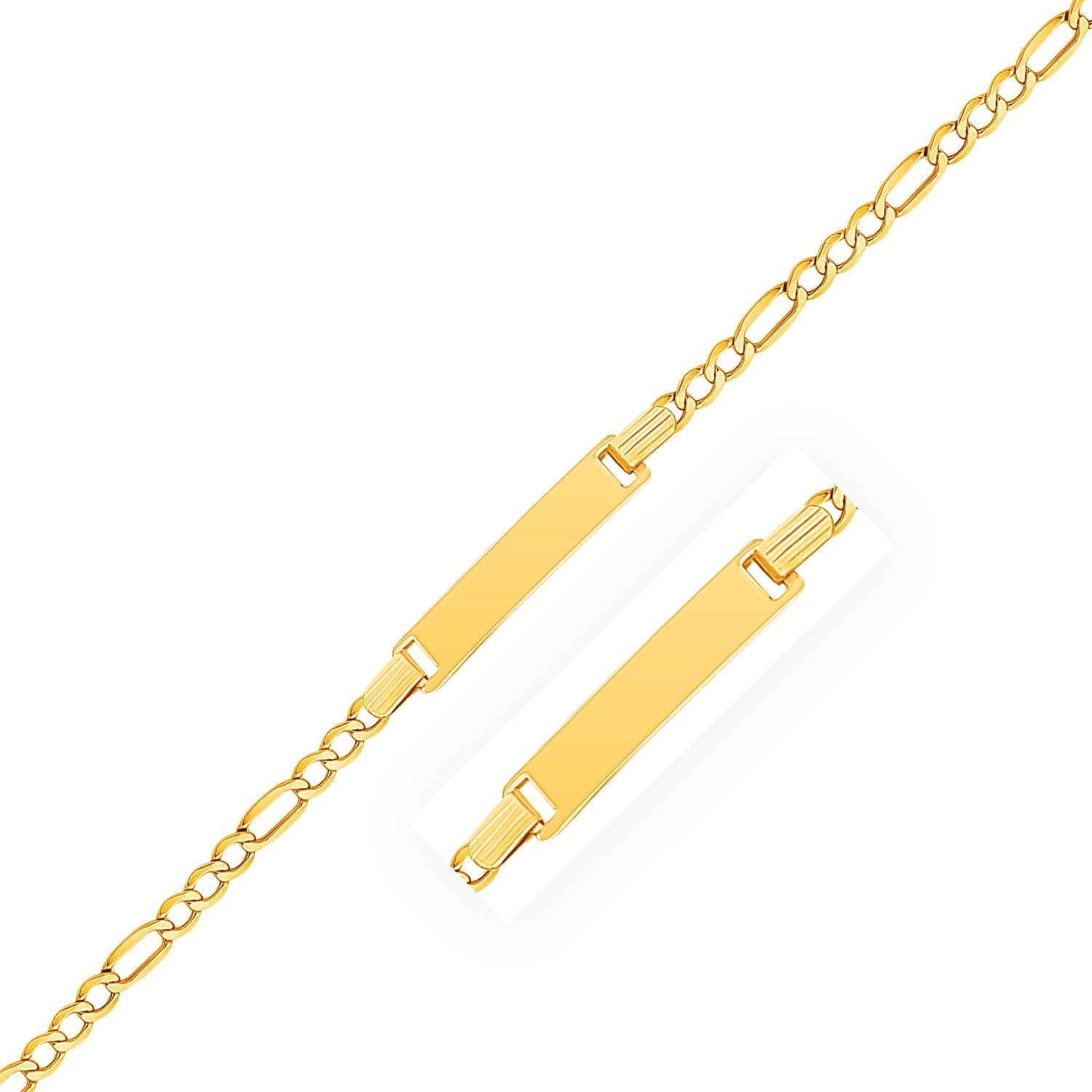 14k Yellow Gold Figaro Link Childrens ID Bracelet (3.30 mm) in a sleek high-contrast midnight luxury editorial style