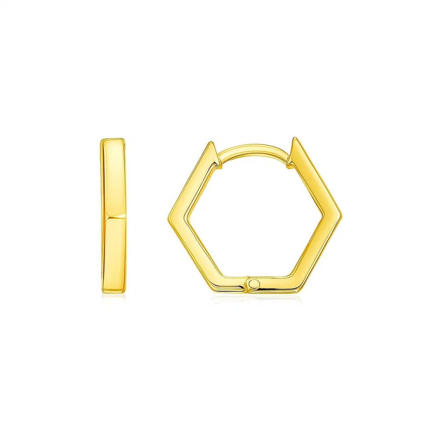 14k Yellow Gold Hexagon Huggie Hoops Earrings in a sleek high-contrast midnight luxury editorial style