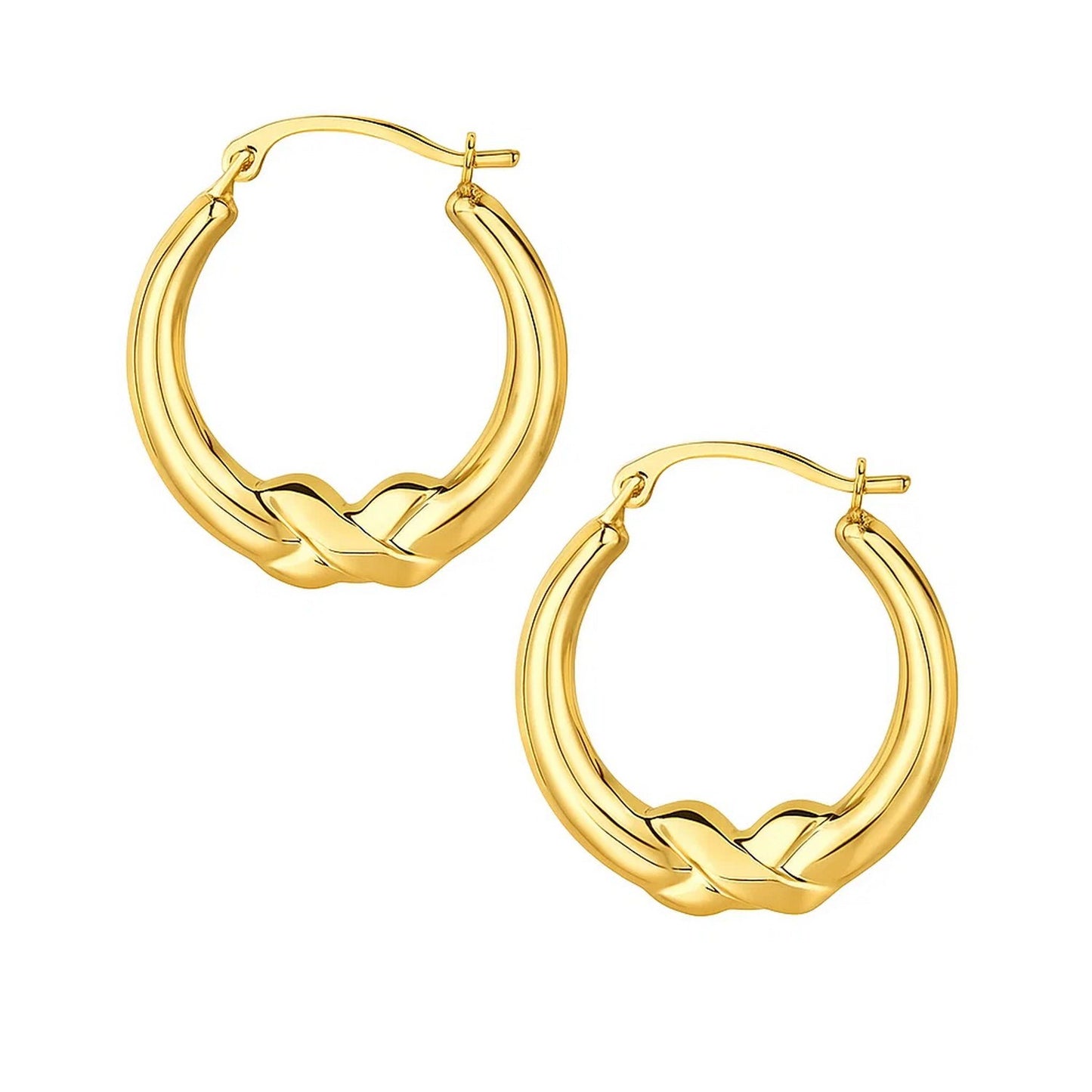 10k Yellow Gold X Motif Round Shape Hoop Earrings in a sleek high-contrast midnight luxury editorial style