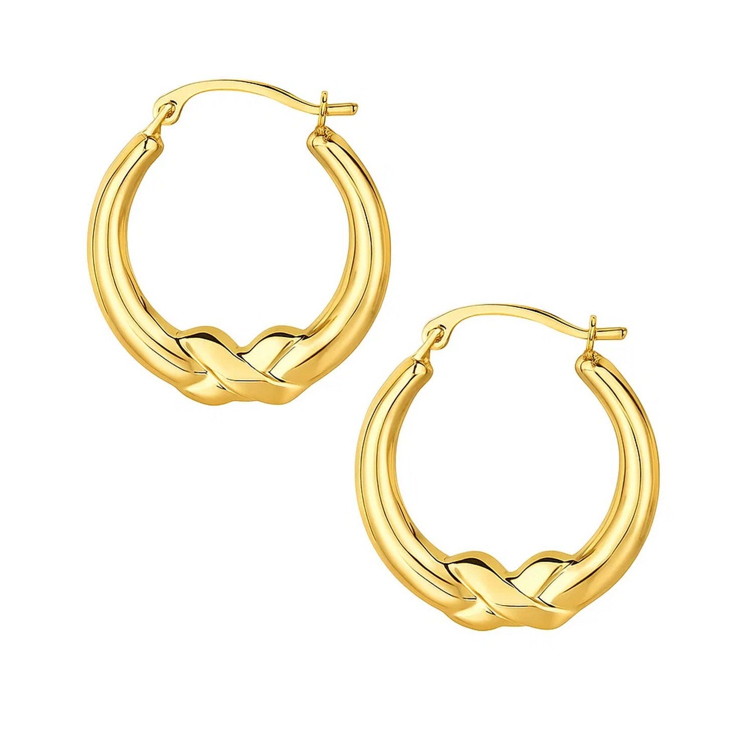10k Yellow Gold X Motif Round Shape Hoop Earrings in a sleek high-contrast midnight luxury editorial style