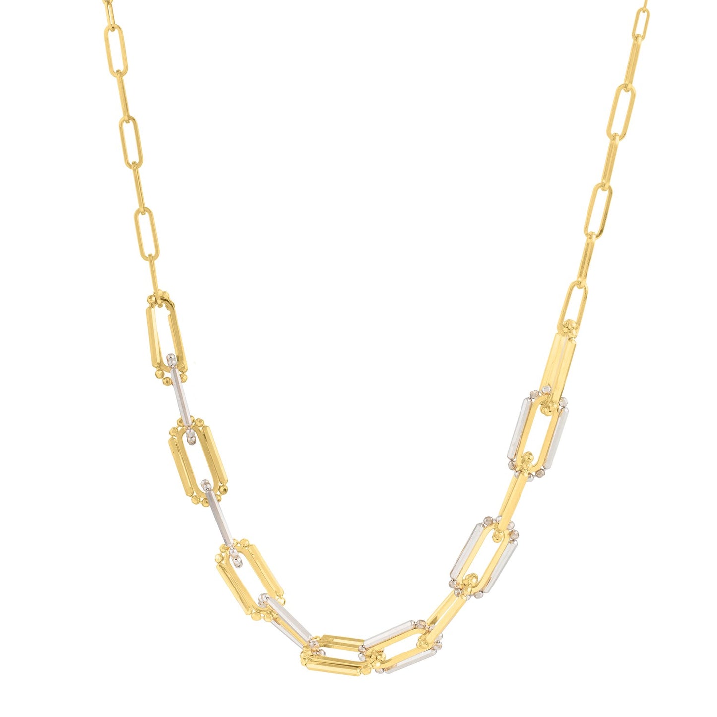 Two Tone Pallina Paperclip Necklace in 14K Gold in a sleek high-contrast midnight luxury editorial style