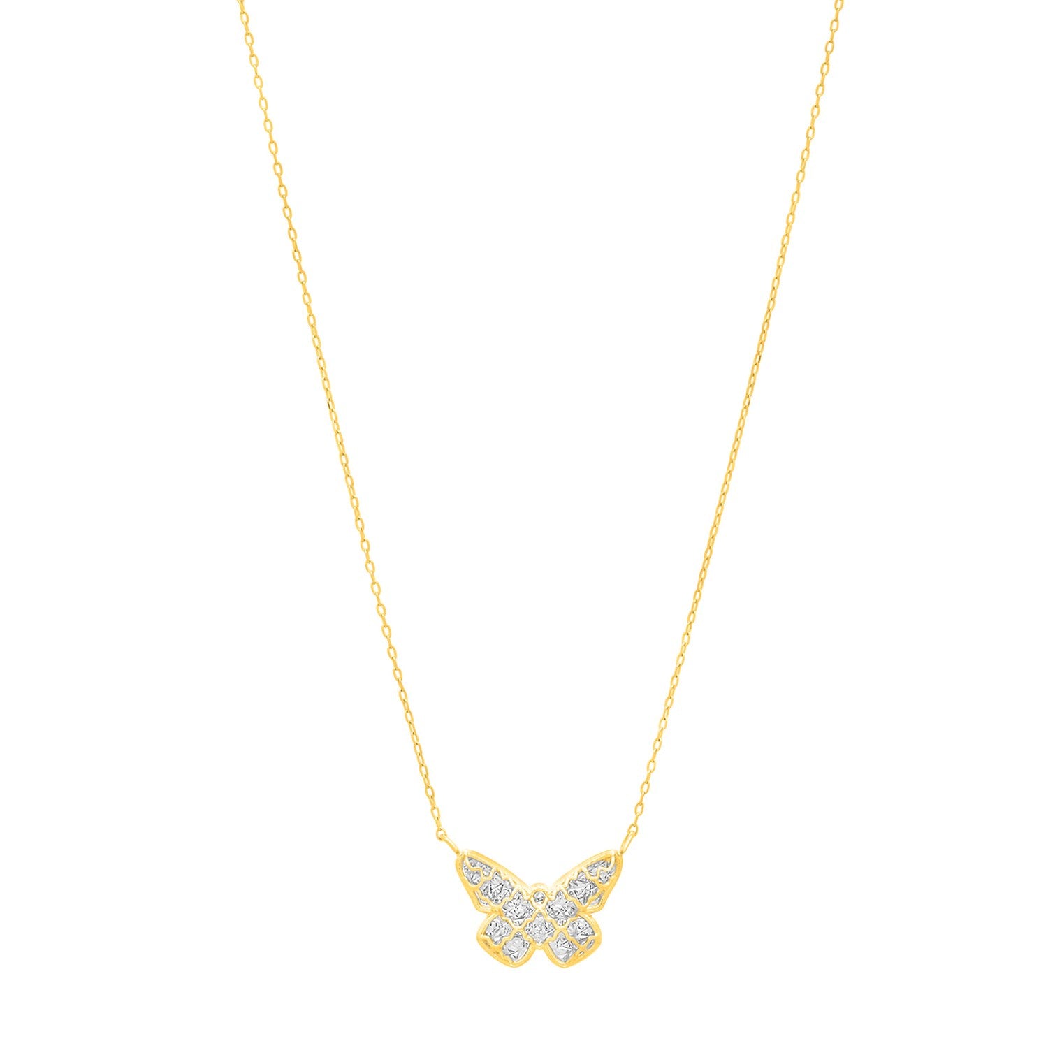 Checkered Butterfly Necklace in 14K Yellow Gold in a sleek high-contrast midnight luxury editorial style
