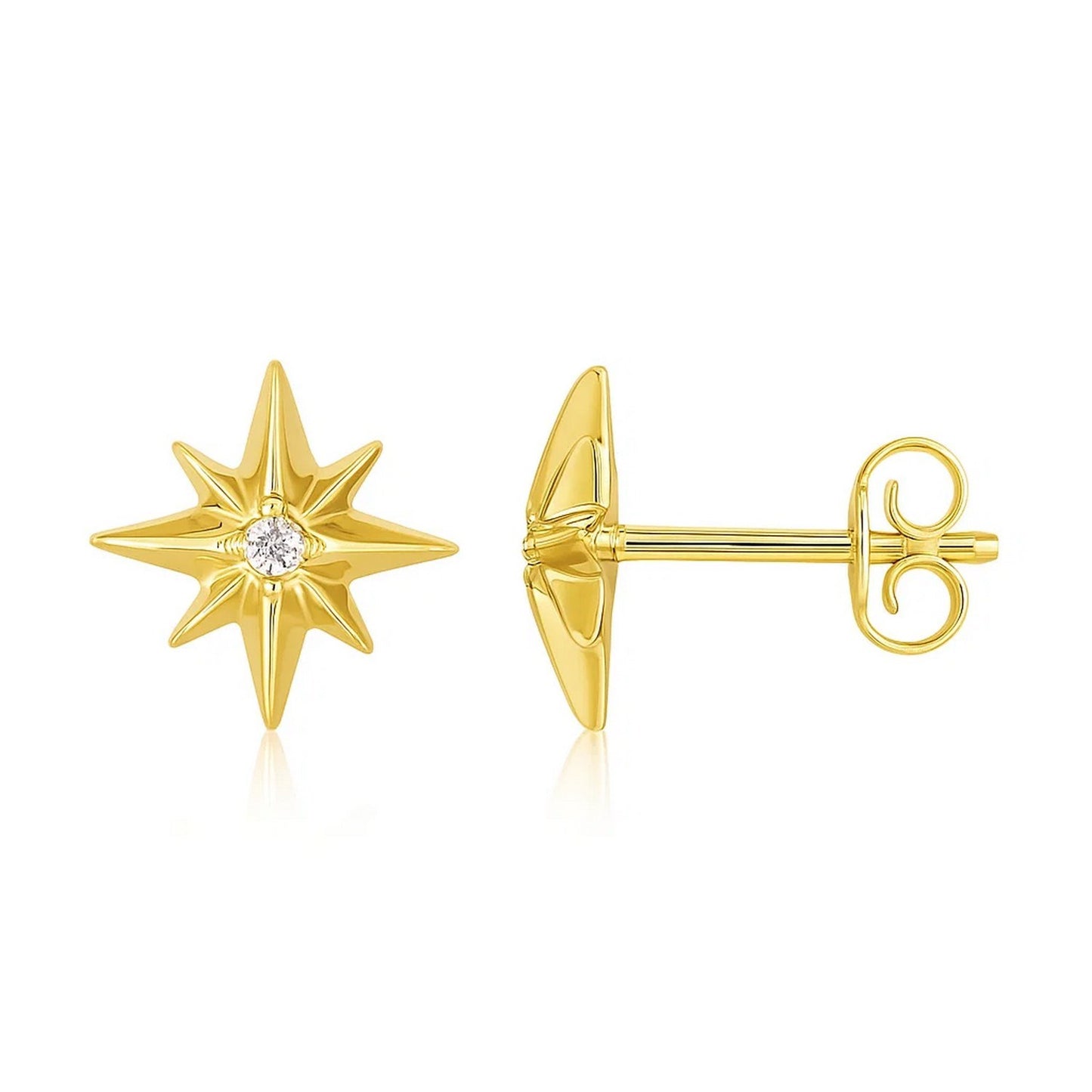 14K Yellow Gold High Polish North Star Diamond Earrings in a sleek high-contrast midnight luxury editorial style