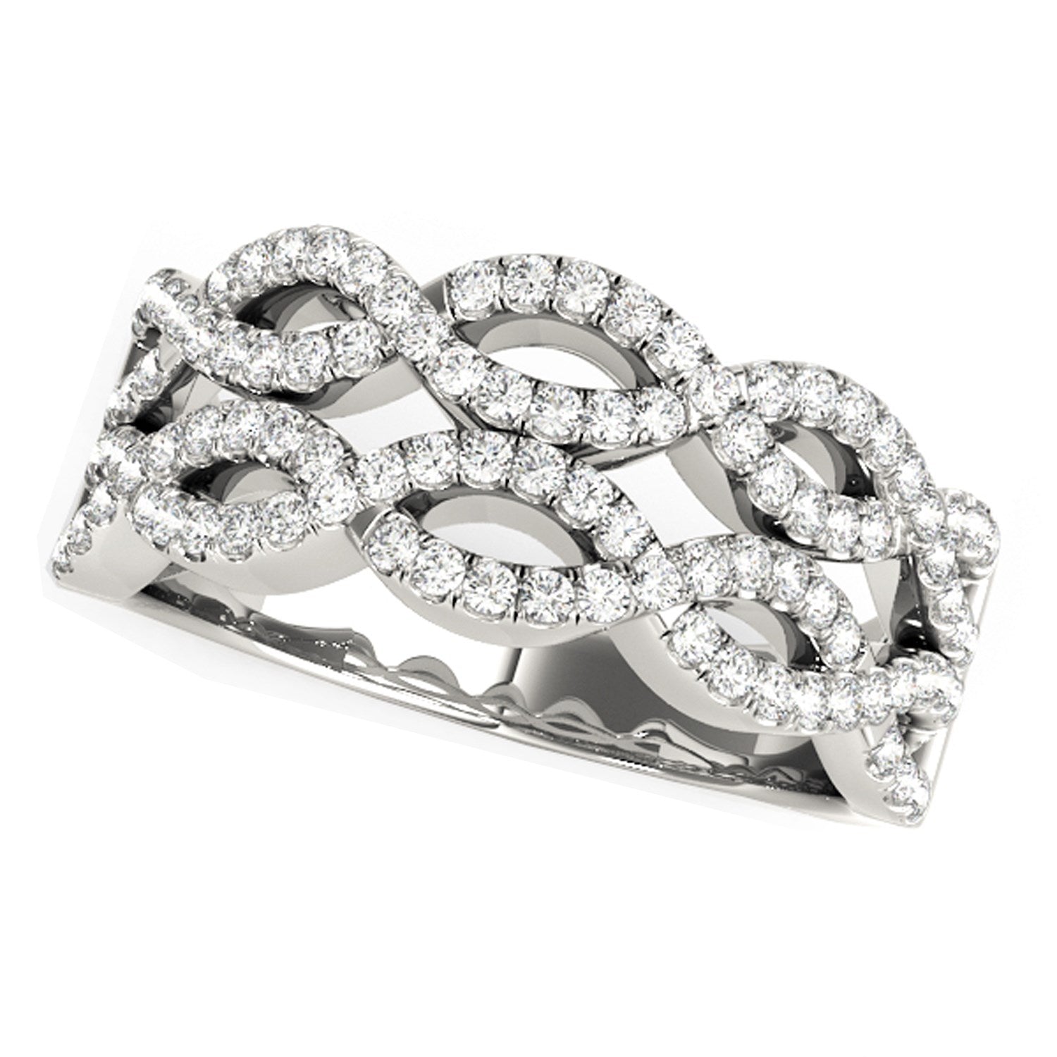 Diamond Studded Double Interlocking Waves Ring in 14k White Gold (5/8 cttw) in a sleek high-contrast midnight luxury editoria