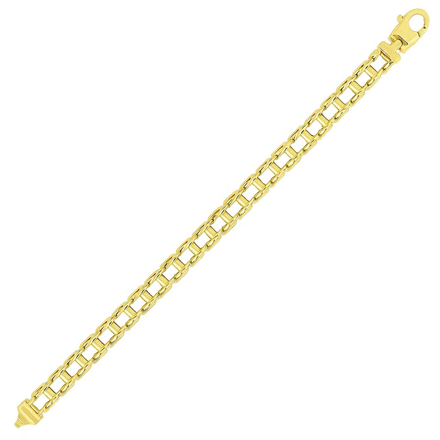 14k Yellow Gold Mens Bracelet with Rail Motif Links (5.00 mm) in a sleek high-contrast midnight luxury editorial style