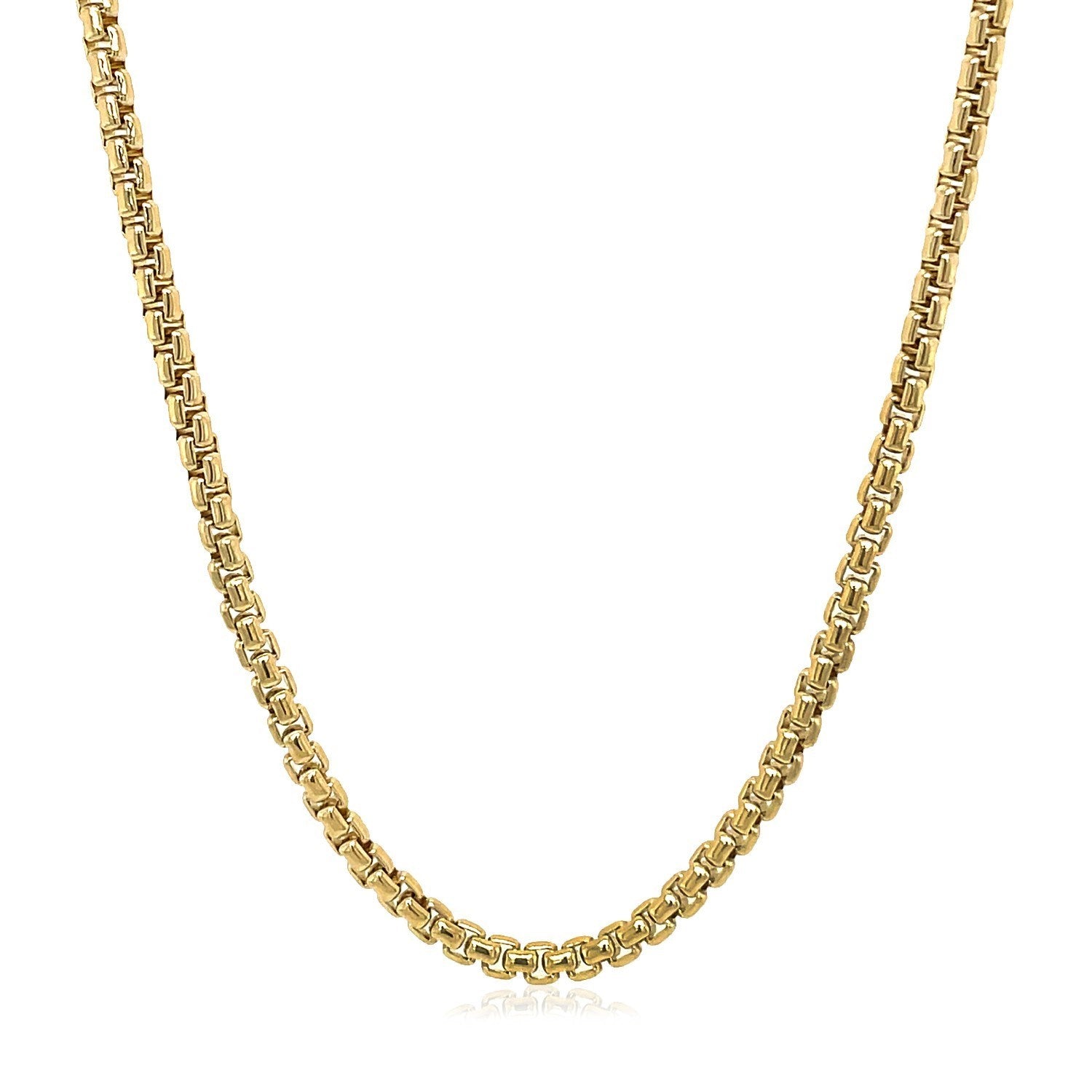 14k Yellow Gold Solid Round Box Chain (3.6 mm) in a sleek high-contrast midnight luxury editorial style