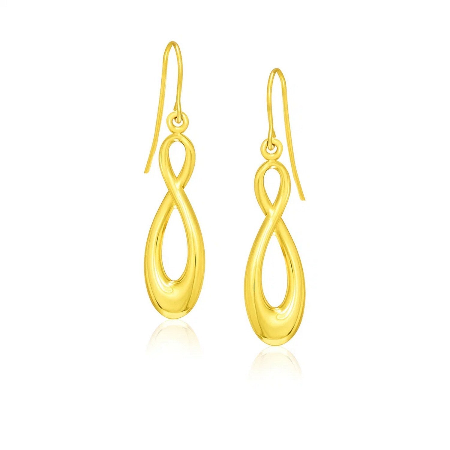 14k Yellow Gold Polished Earrings in Infinity Design in a sleek high-contrast midnight luxury editorial style