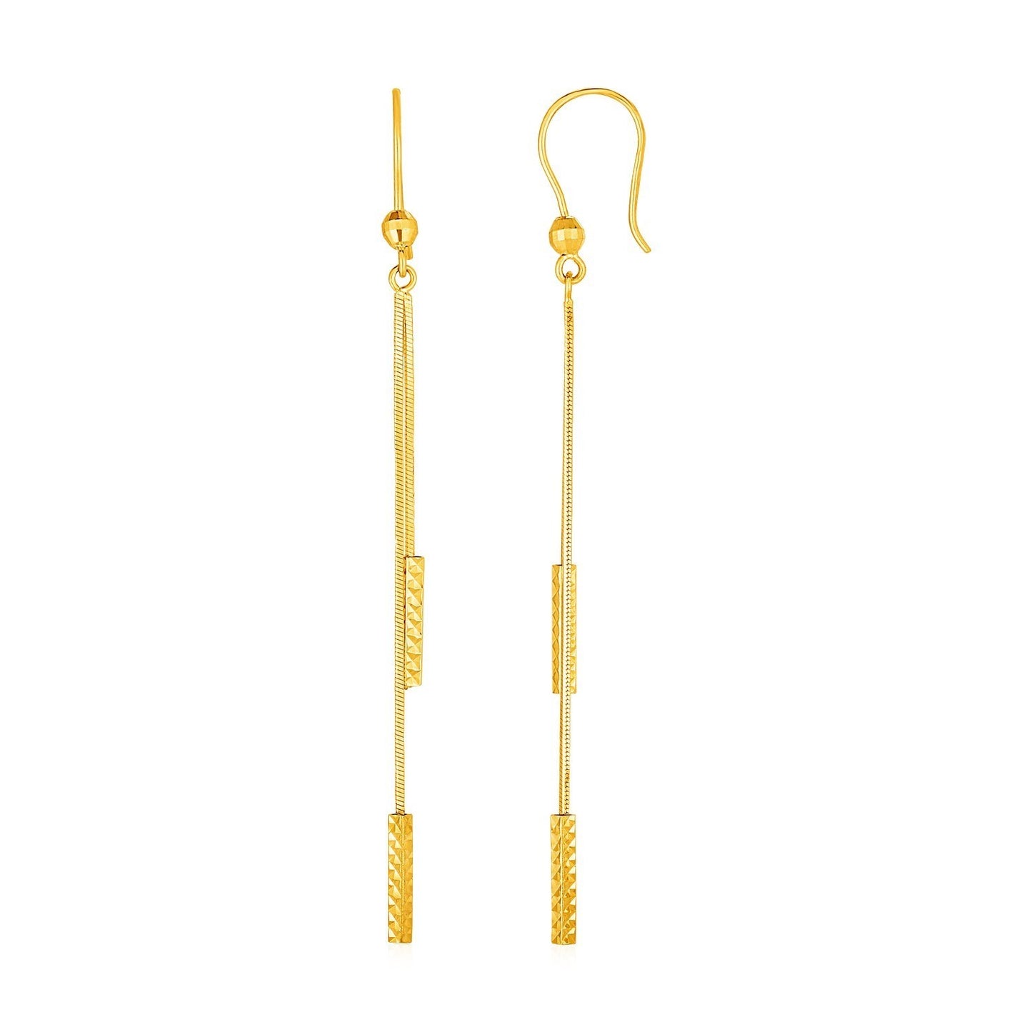 Textured Bar Long Drop Earrings in 14k Yellow Gold in a sleek high-contrast midnight luxury editorial style