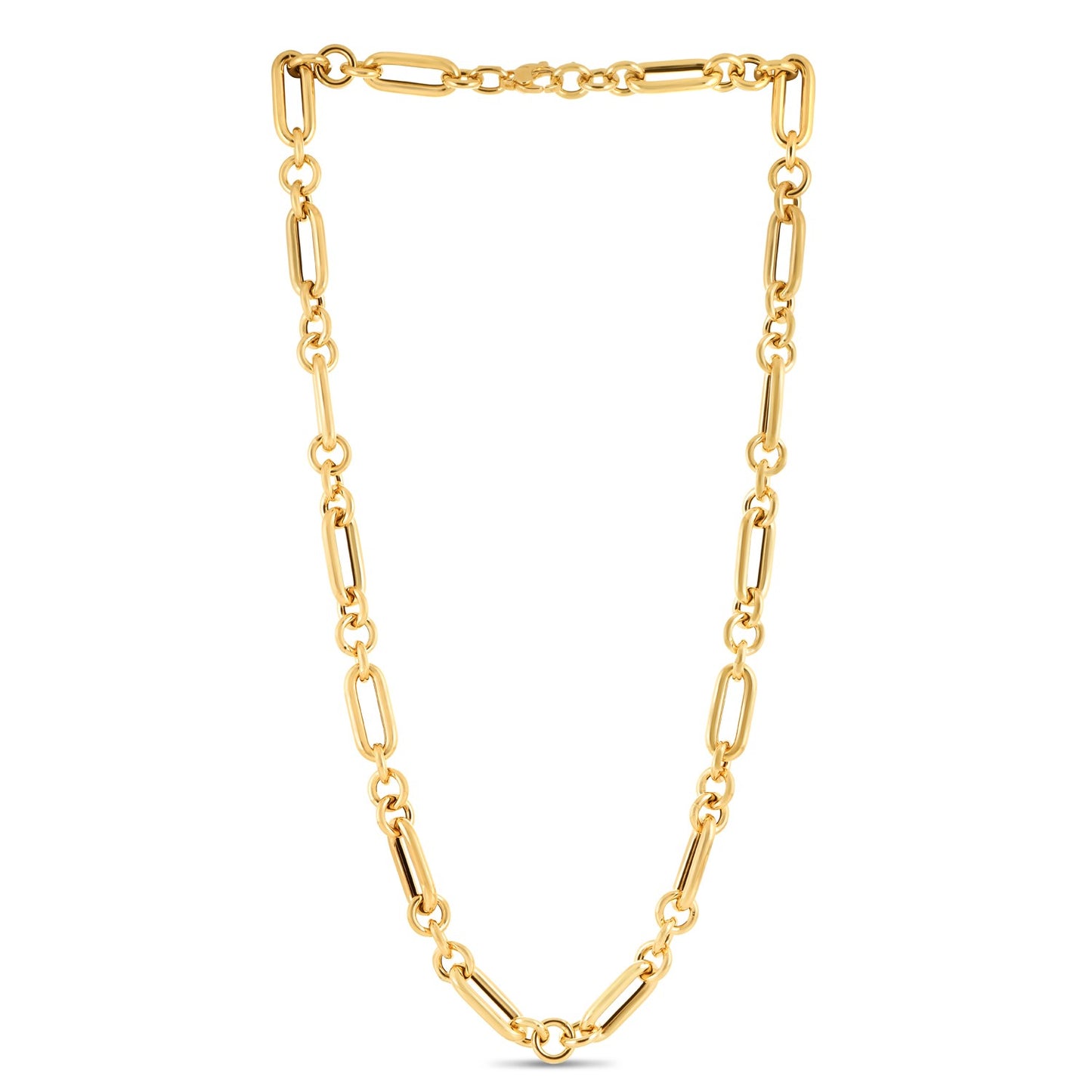 14k Yellow Gold Italian Alternating Paperclip Round Links Chain Necklace in a sleek high-contrast midnight luxury editorial s