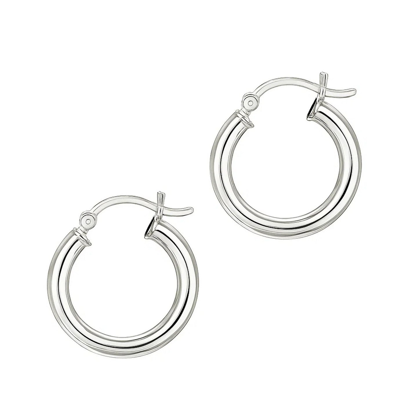 Sterling Silver Polished Hoop Style Earrings with Rhodium Plating (3x15mm) in a sleek high-contrast midnight luxury editorial