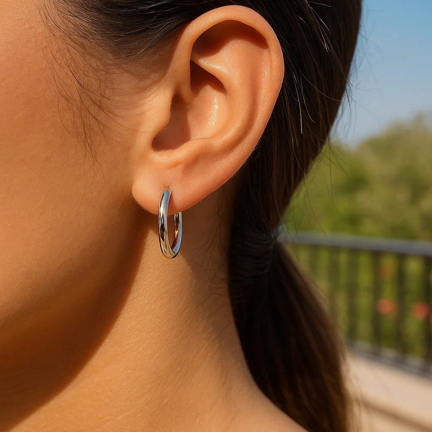 Sterling Silver Polished Hoop Style Earrings with Rhodium Plating (3x15mm) - Peelerie