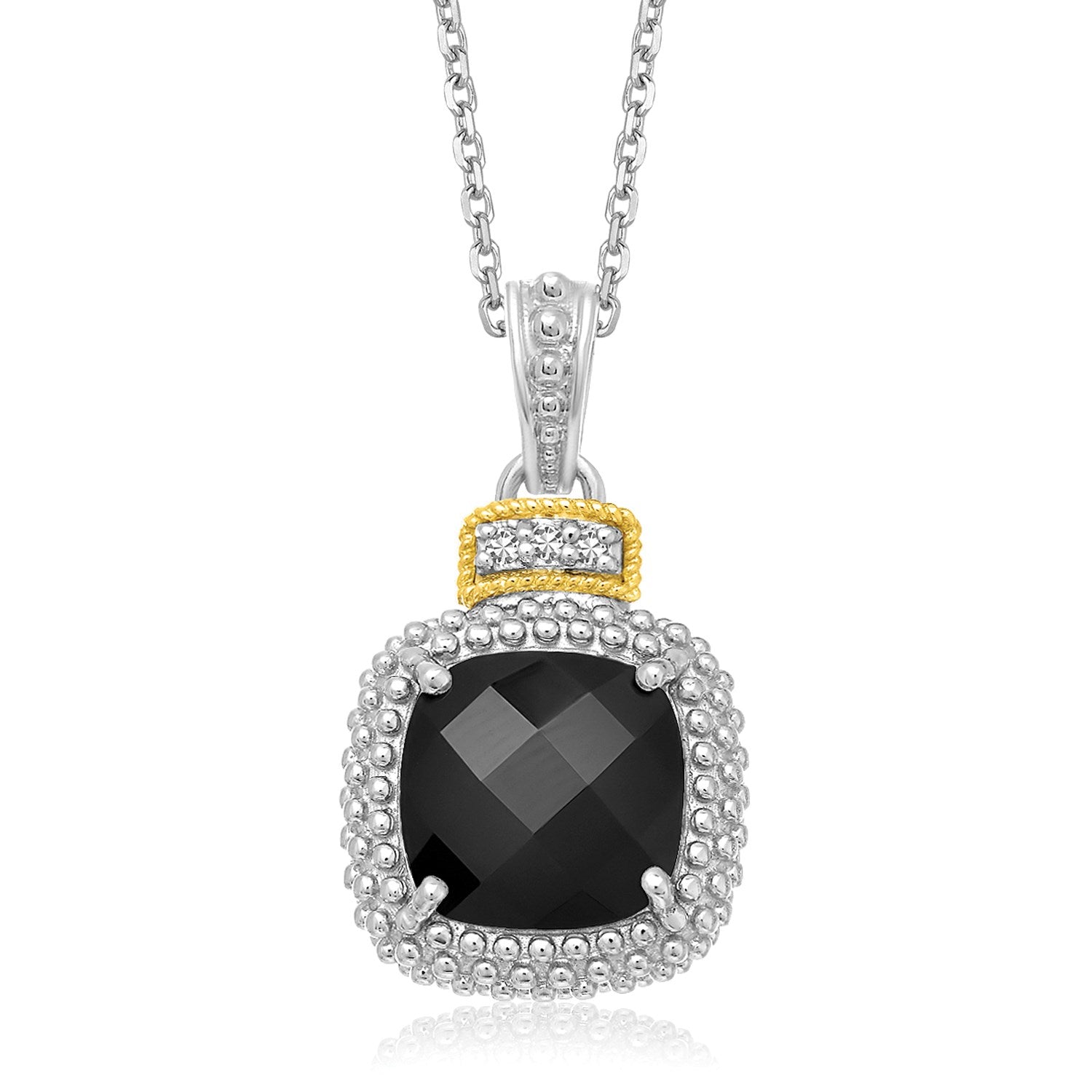 18k Yellow Gold & Sterling Silver Popcorn Cushion Black Onyx and Diamond Pendant in a sleek high-contrast midnight luxury edi