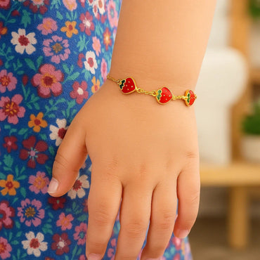 14k Yellow Gold Childrens Bracelet with Enameled Strawberries(1.00 mm)
