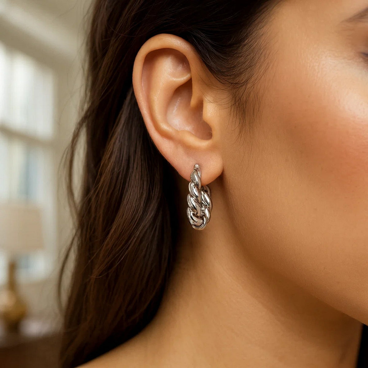 Sterling Silver Rhodium Plated Twisted Hoop Earrings