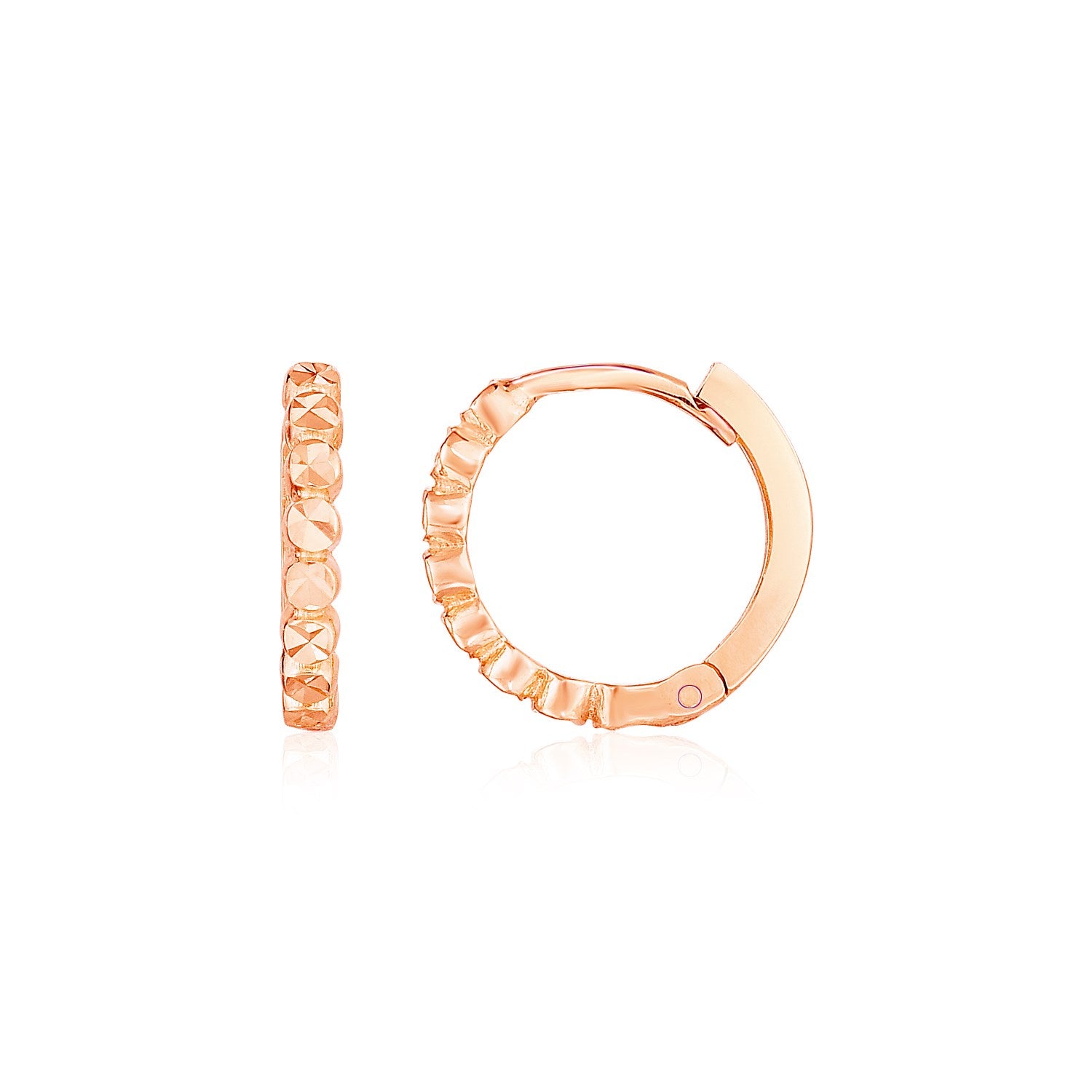 14k Rose Gold Petite Textured Round Hoop Earrings in a sleek high-contrast midnight luxury editorial style
