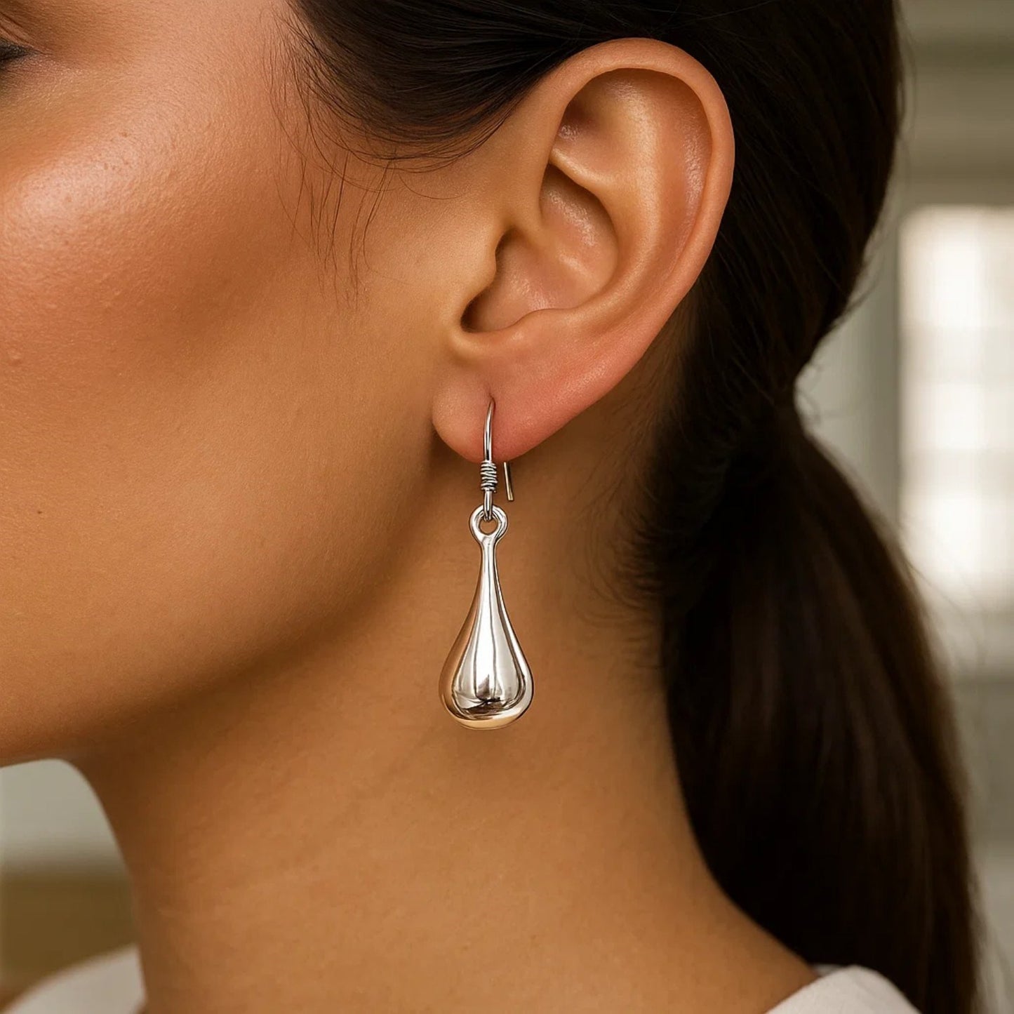 Sterling Silver Long Teardrop Shape Puff Drop Earrings - Peelerie