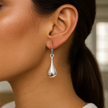 Sterling Silver Long Teardrop Shape Puff Drop Earrings - Peelerie