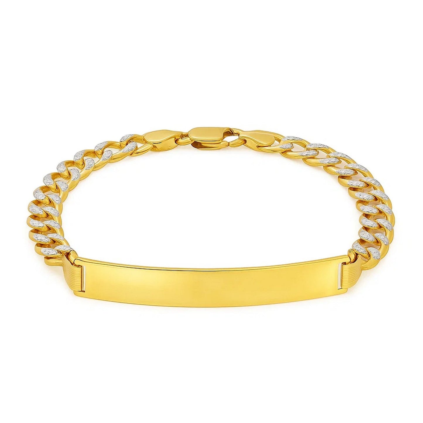 14k Two Tone Gold Mens Narrow Curb Chain ID Bracelet with White Pave (6.70 mm)