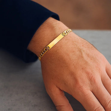 14k Two Tone Gold Mens Narrow Curb Chain ID Bracelet with White Pave (6.70 mm) - Peelerie