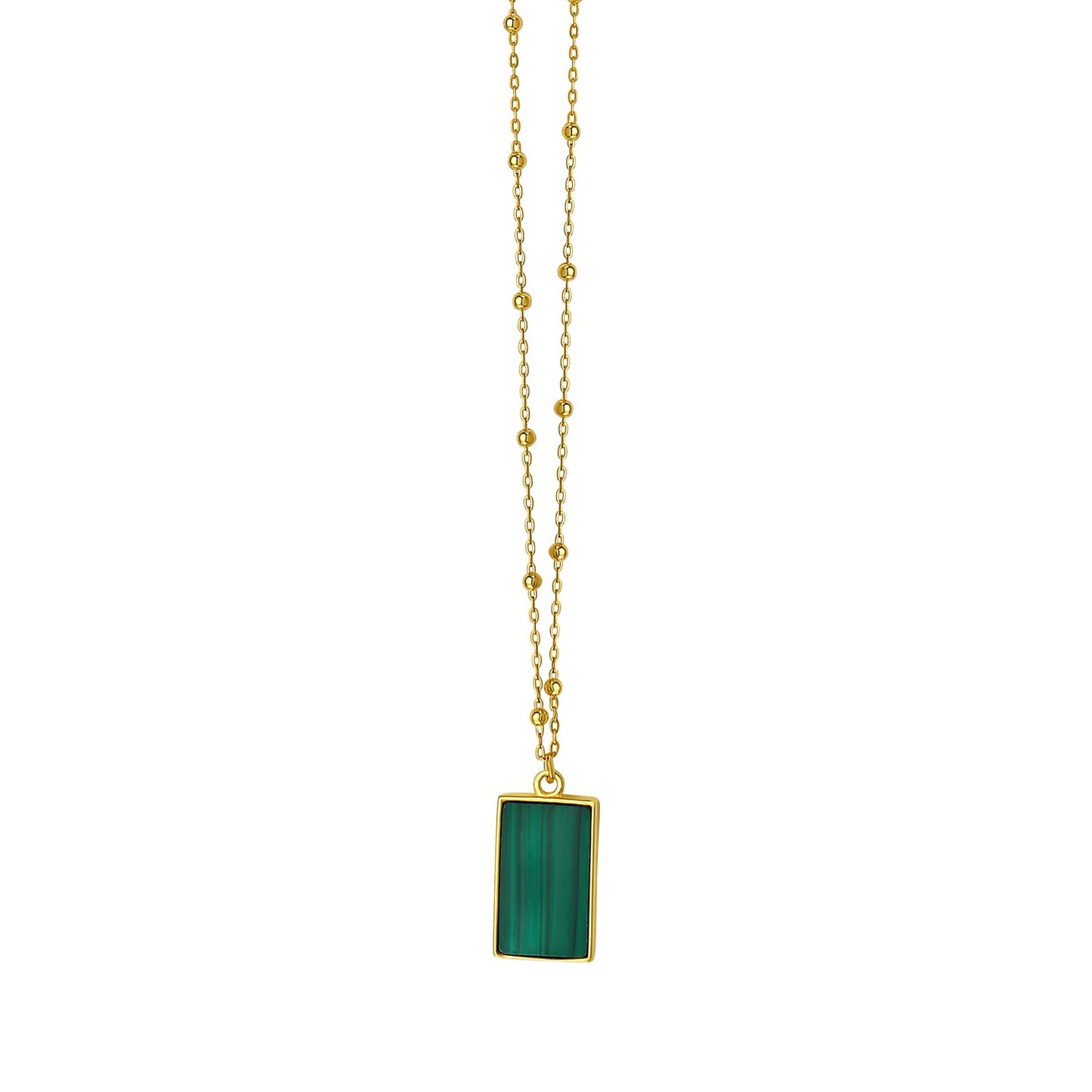 Malachite Geometric Rectangle Necklace in 14K Yellow Gold in a sleek high-contrast midnight luxury editorial style