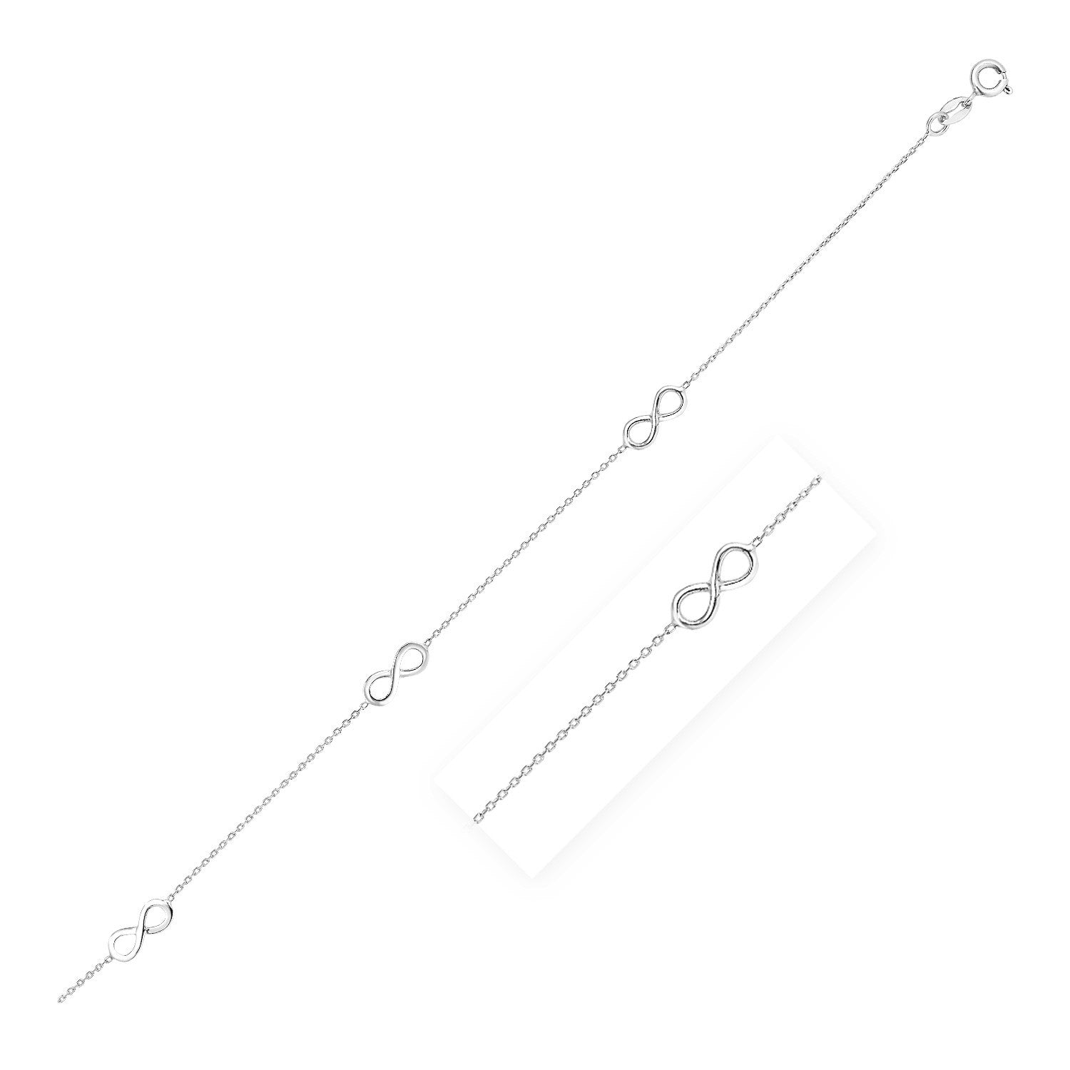 Sterling Silver Anklet with Infinity Symbols in a sleek high-contrast midnight luxury editorial style