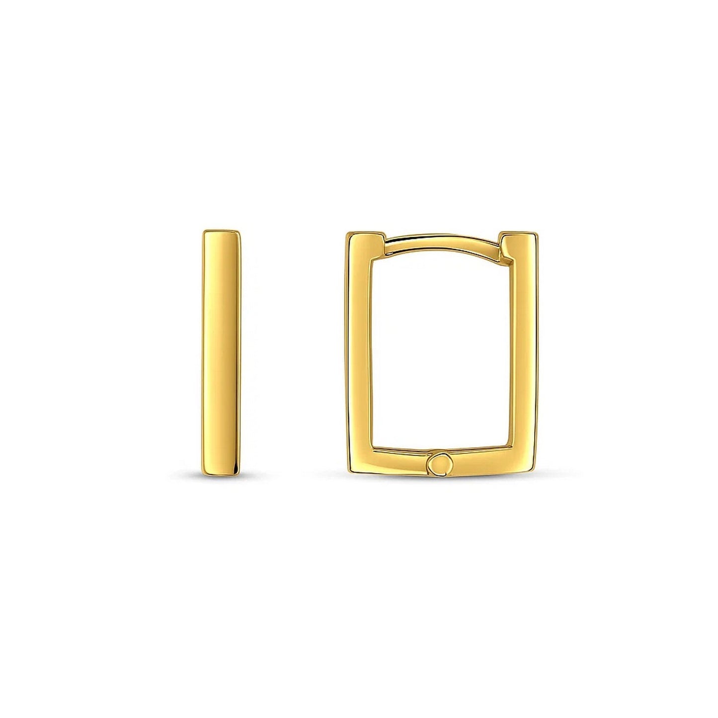 14k Yellow Gold Rectangle Huggie Hoops in a sleek high-contrast midnight luxury editorial style