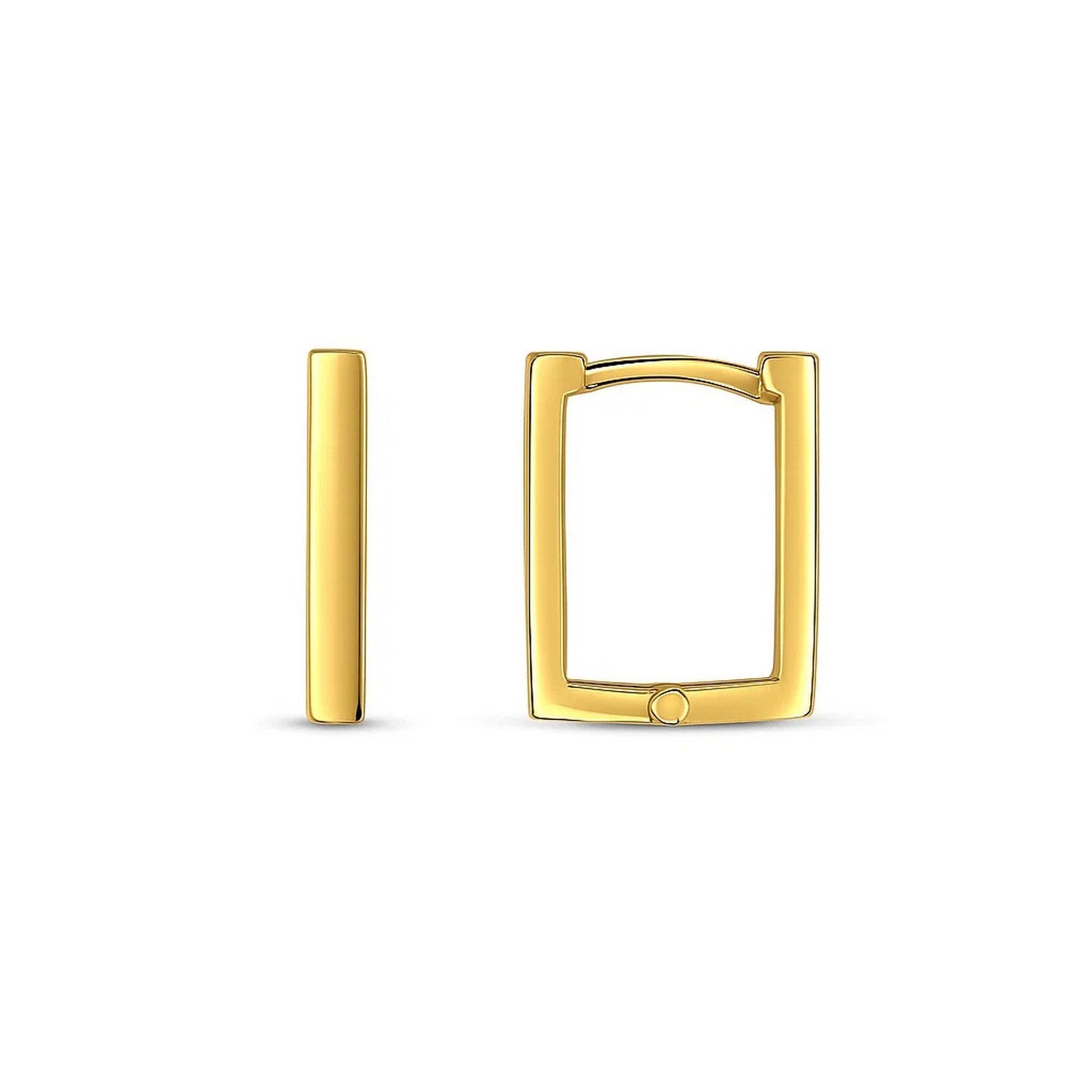 14k Yellow Gold Rectangle Huggie Hoops in a sleek high-contrast midnight luxury editorial style