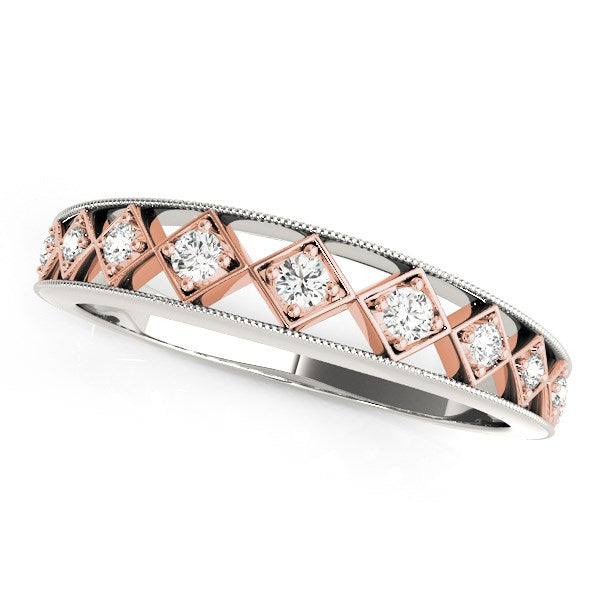 14k White Gold And Rose Gold Unique Diamond Wedding Band (1/10 cttw) in a sleek high-contrast midnight luxury editorial style