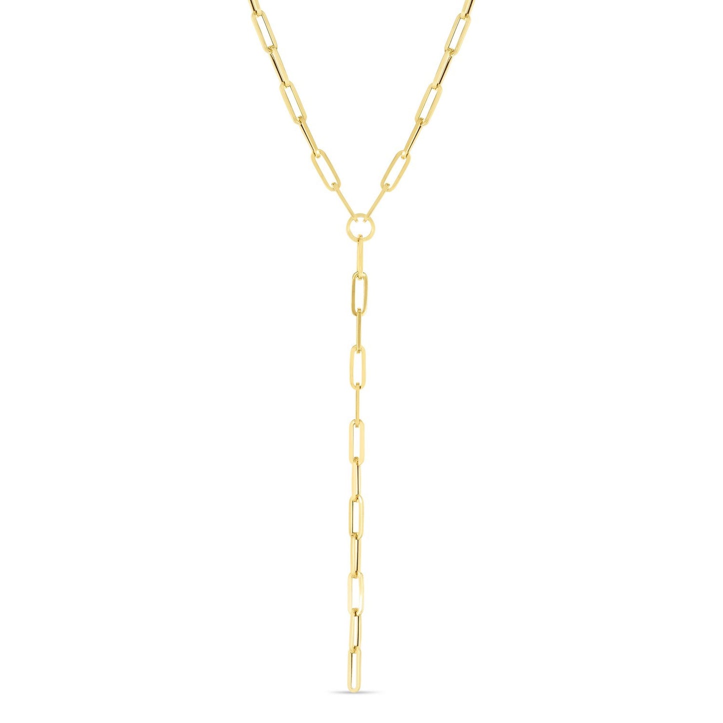 14k Yellow Gold Paperclip Chain Lariat Necklace in a sleek high-contrast midnight luxury editorial style