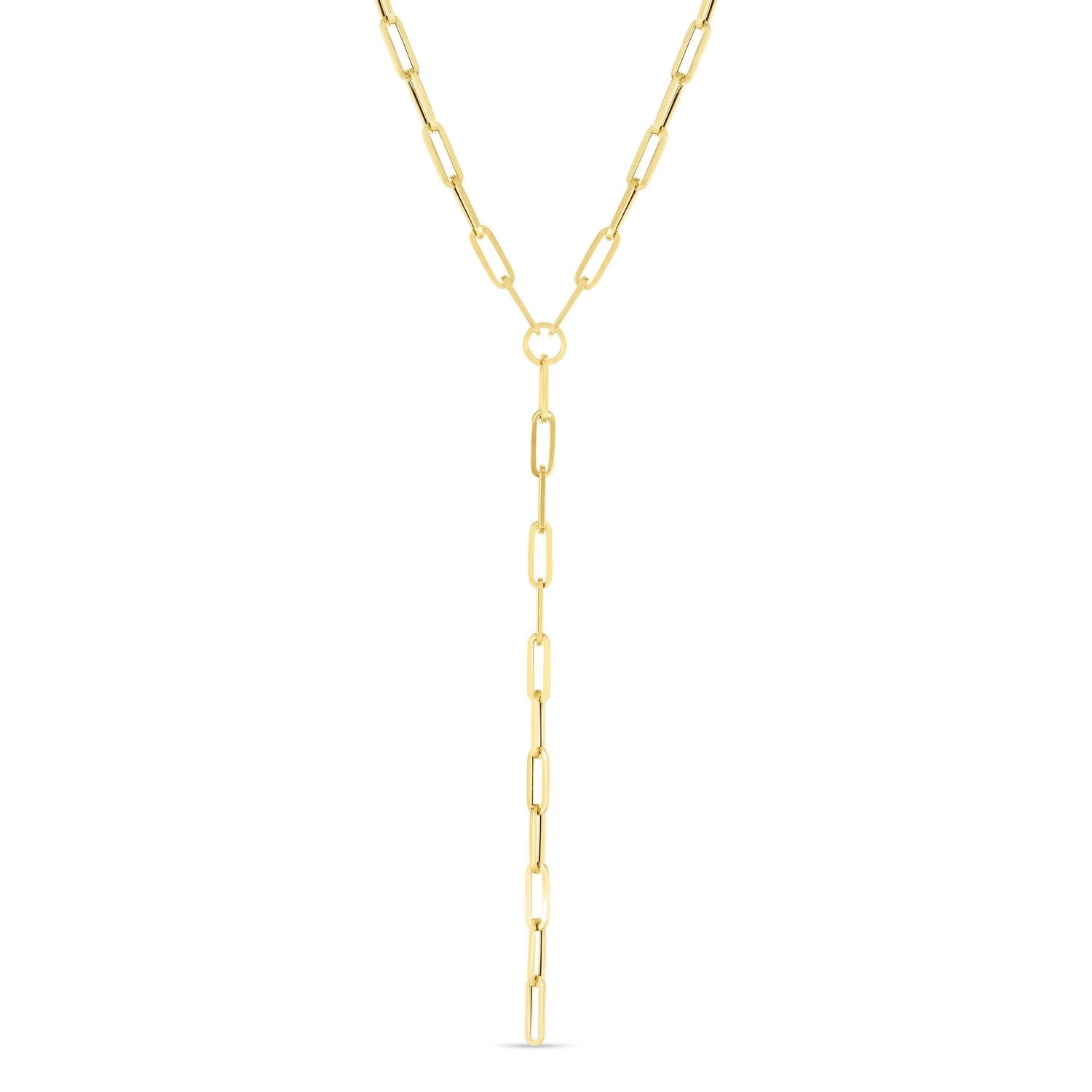 14k Yellow Gold Paperclip Chain Lariat Necklace in a sleek high-contrast midnight luxury editorial style