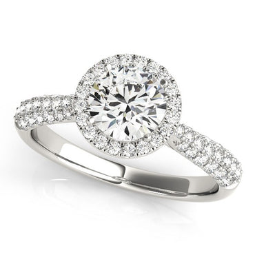 14k White Gold Halo Diamond Engagement Ring with Pave Band (1 1/3 cttw) in a sleek high-contrast midnight luxury editorial st