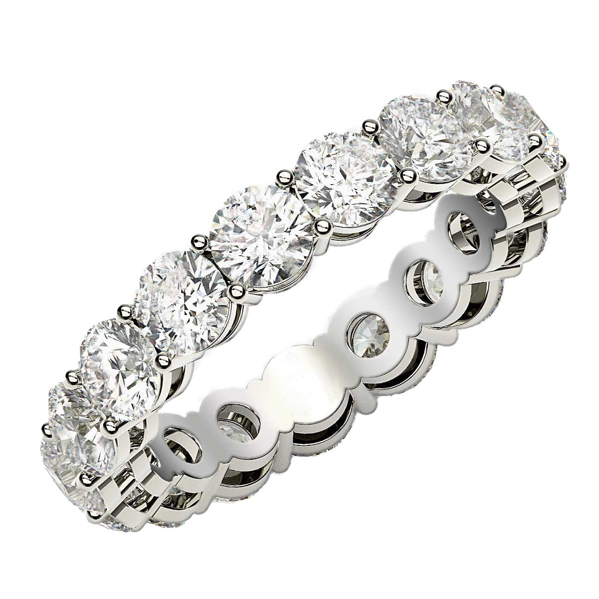 Round Cut Lab Grown Diamond Eternity Ring in 14k White Gold (3 cttw FG/VS2) in a sleek high-contrast midnight luxury editoria