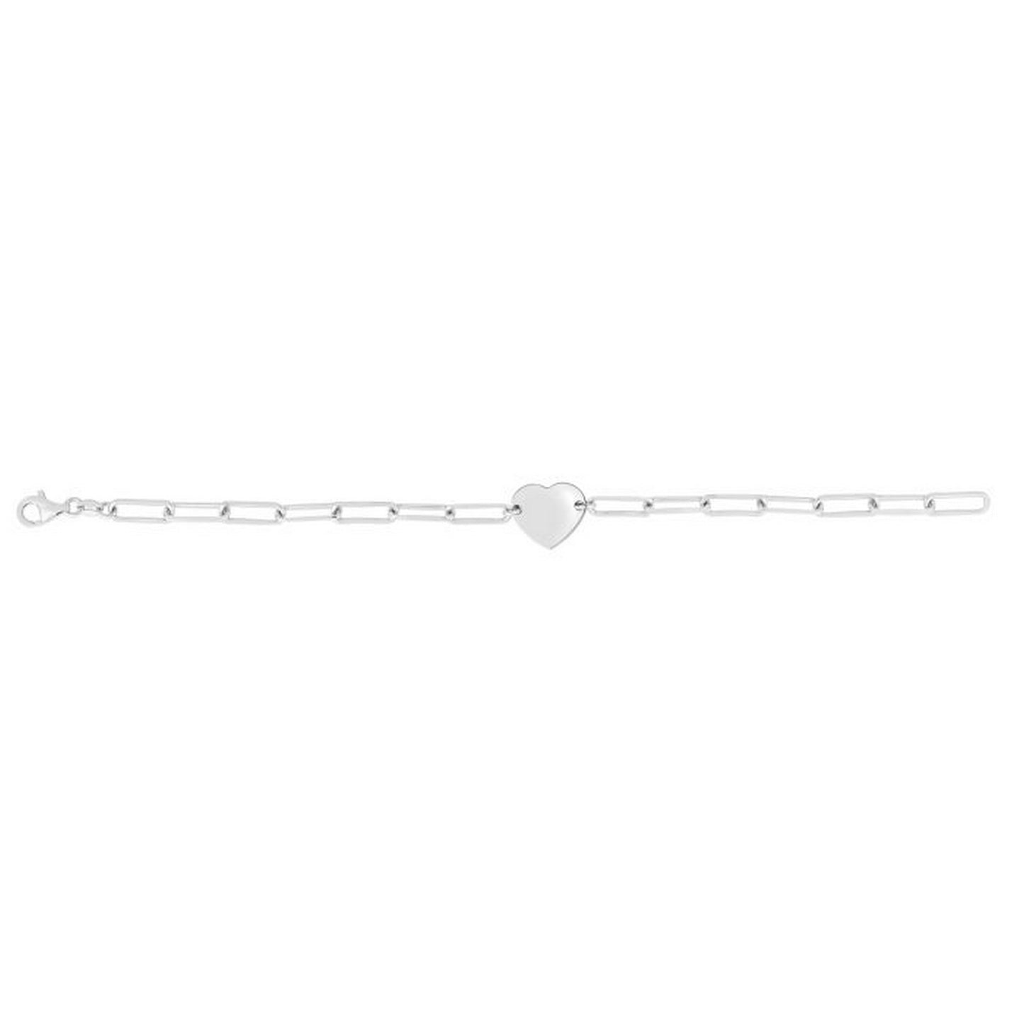 Sterling Silver Rhodium Plated Engravable Heart Paperclip Bracelet (2.10 mm)