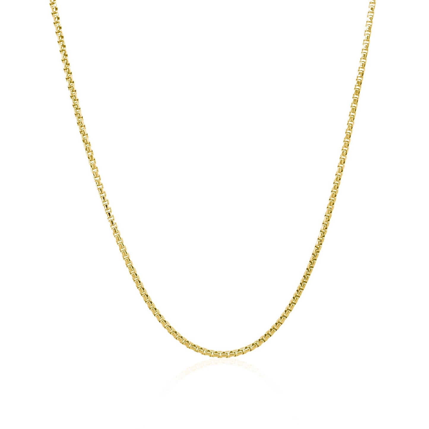 14k Yellow Gold Round Box Chain (1.3 mm) in a sleek high-contrast midnight luxury editorial style