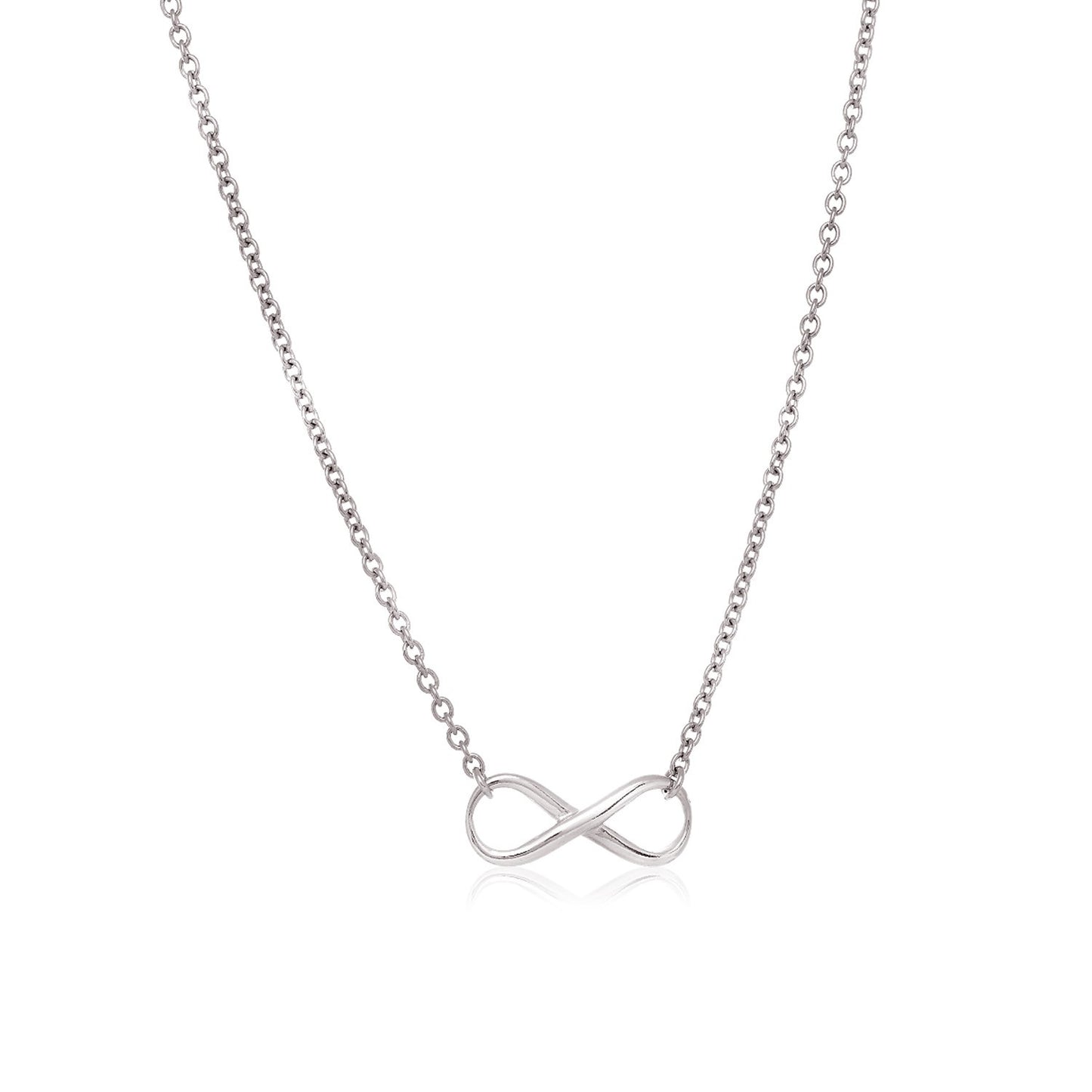 Sterling Silver Infinity Symbol Necklace in a sleek high-contrast midnight luxury editorial style