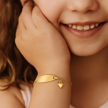 14k Yellow Gold Heart Accented Childrens Cable Chain ID Bracelet (6.35 mm) - Peelerie