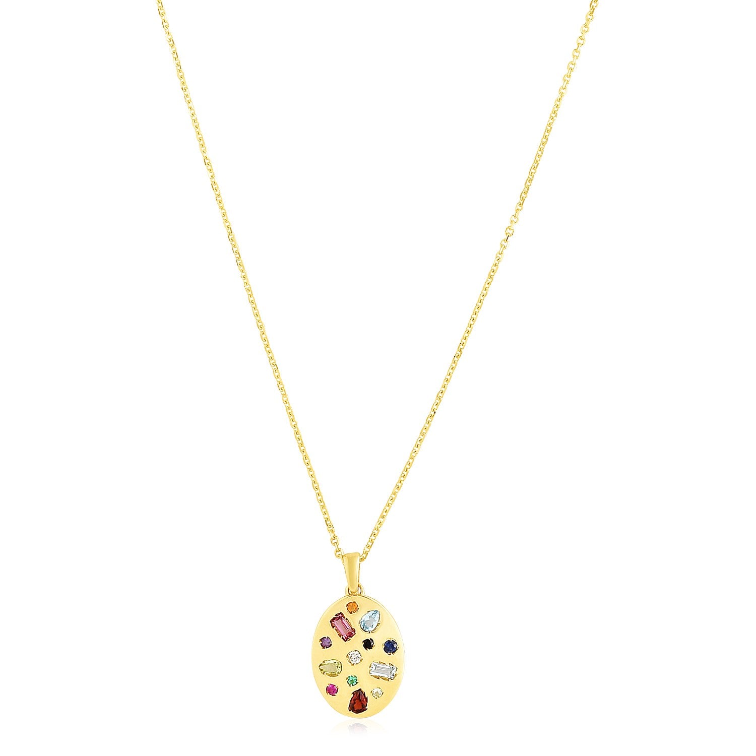 14k Yellow Gold High Polish Oval Gemstone Inlay Necklace in a sleek high-contrast midnight luxury editorial style